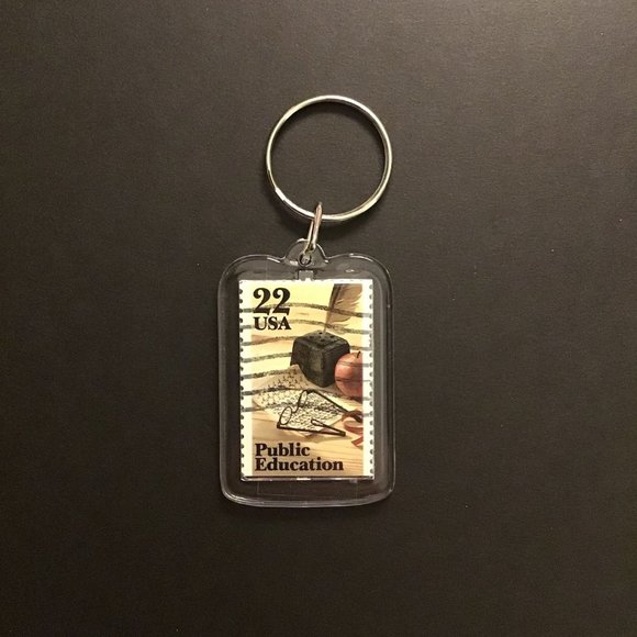 Public Education Keychain - Upcycled Recycled Postage Stamp Key Chain - Picture 1 of 9